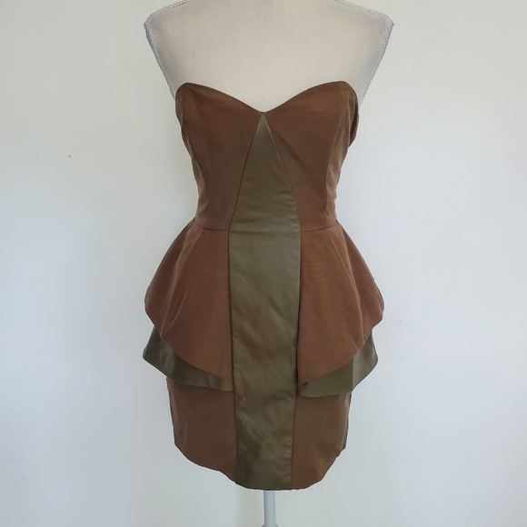 ASOS Black Label Khaki Leather Insert Strapless Dress - Picture 4 of 12